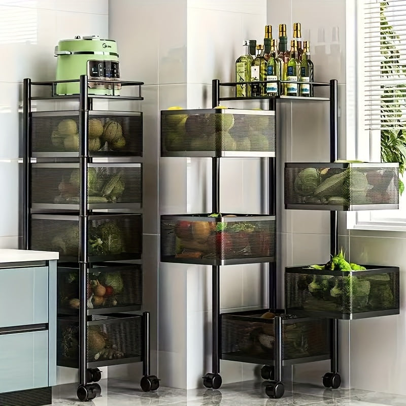 Rotating kitchen shelf for easy organization of fruits and vegetables.