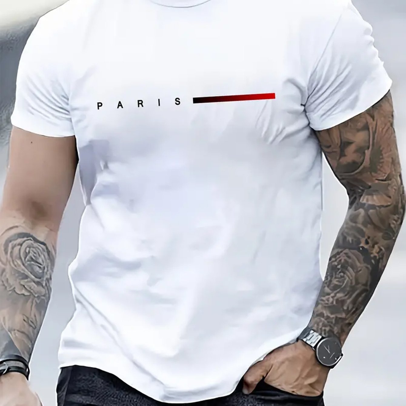 Men's Paris graphic tee made from soft polyester with red stripe detail. Suitable for gym, running, and spring/summer wear.