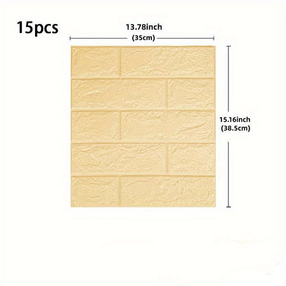 15pcs, foam soft tiles with 3D brick pattern wall stickers. Washable, waterproof, anti-mold and anti-stain.