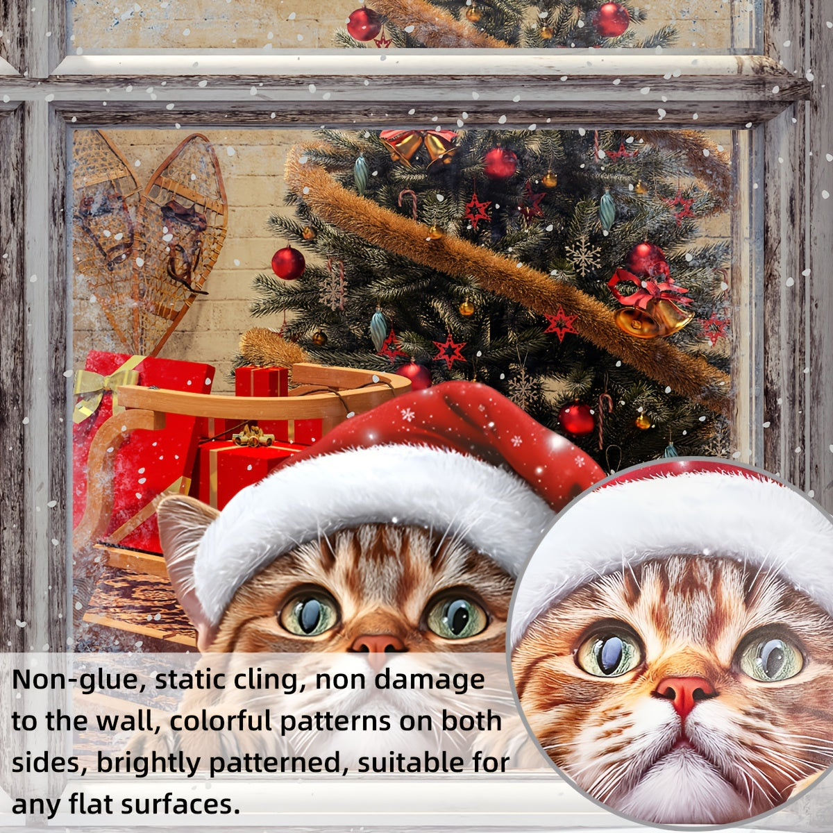 Double-Sided Christmas Hat Kitten Static Window Sticker - 20x30cm - 20-Wire Glass Decoration Sticker (D13509-KN)