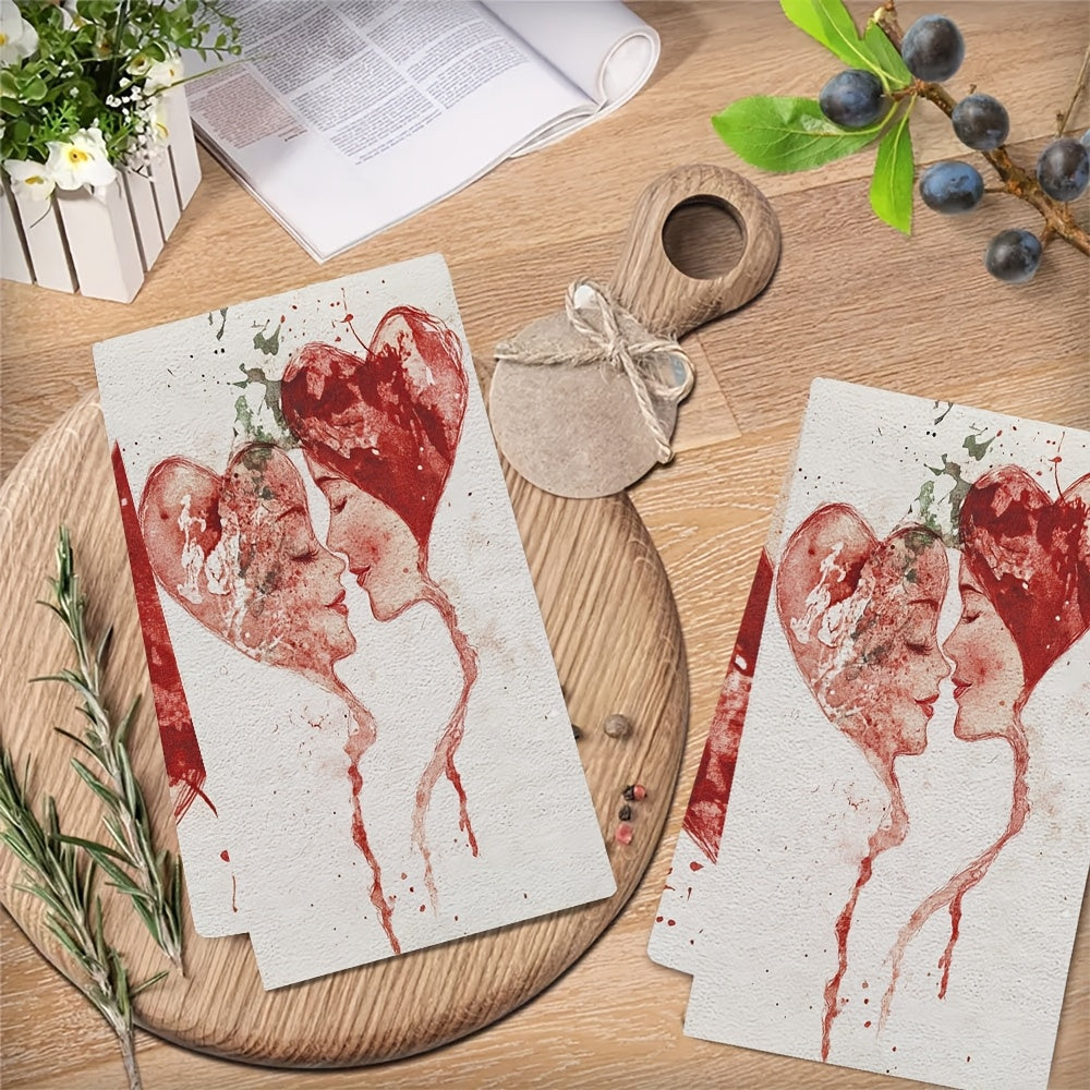 Two pieces of ultra soft kitchen towels featuring a Valentine's Day love stamp design. These highly absorbent and machine washable dish hand towels showcase a contemporary red and white splatter art pattern. Each towel measures 40.64x60.96 cm.