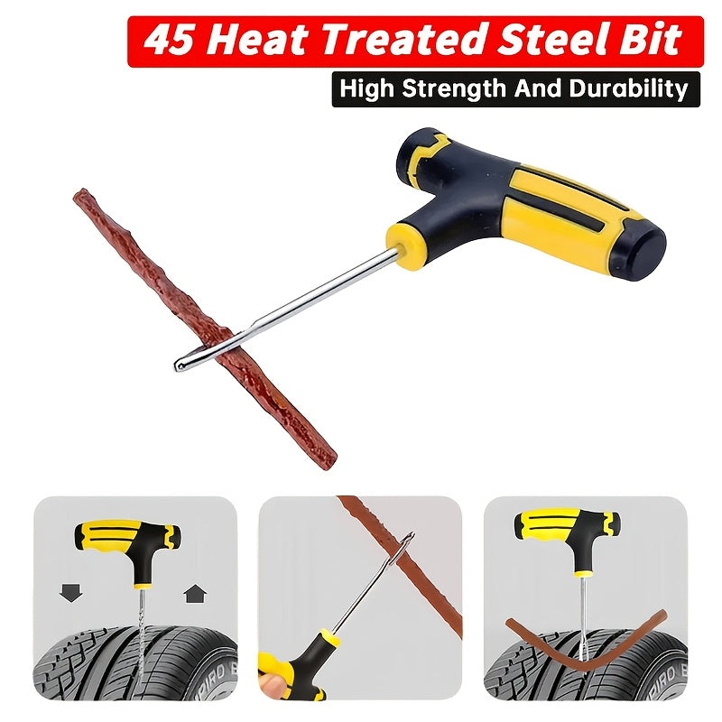 Tire repair kit for emergencies, includes puncture plug tool and inflation nozzle.