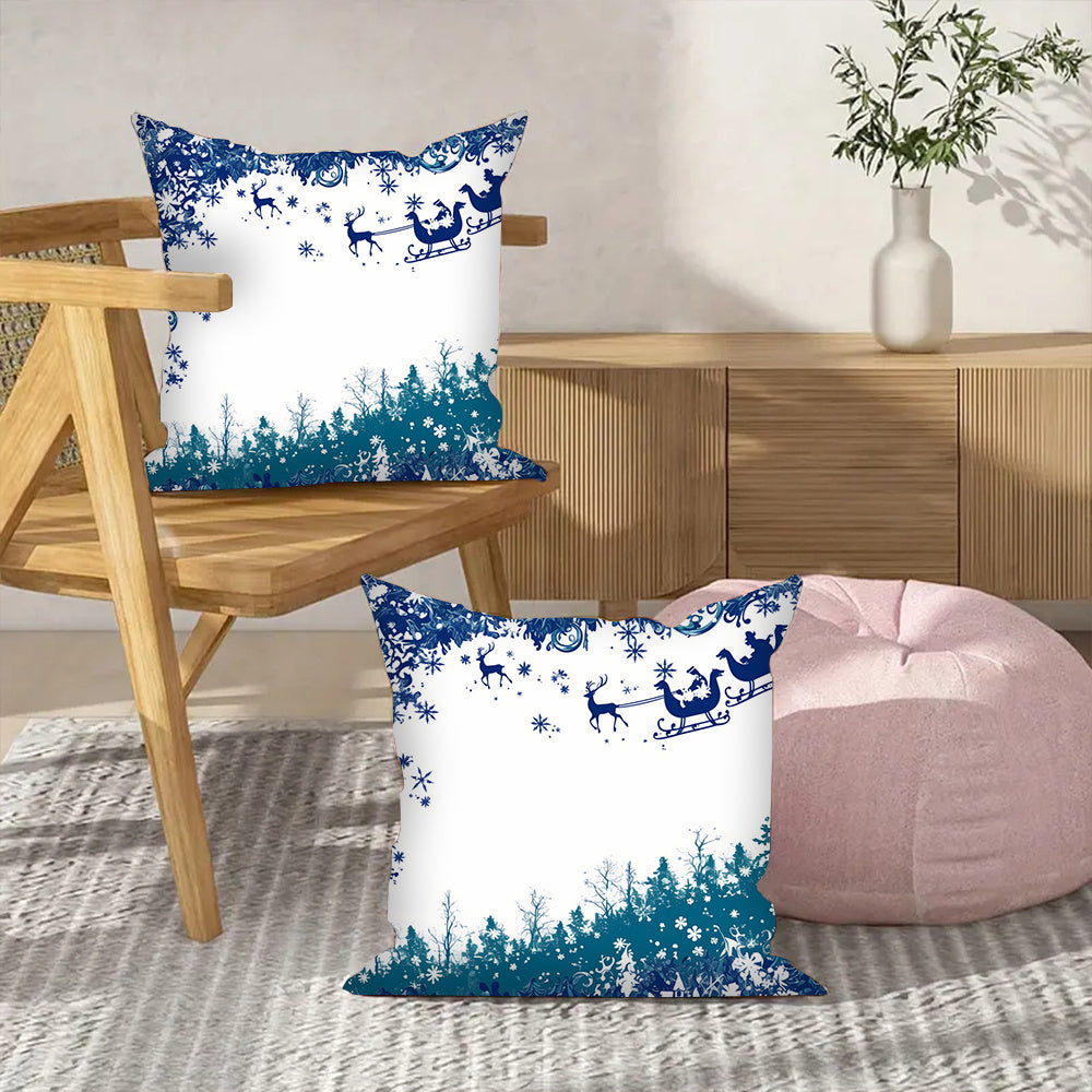 Set of 2 Festive Blue Merry Christmas Throw Pillows, measuring 45.72x45.72 cm each. Made of soft polyester, these square cushion covers do not include inserts. Perfect for decorating your living room, bedroom, or car. Pillows are washable for easy care.