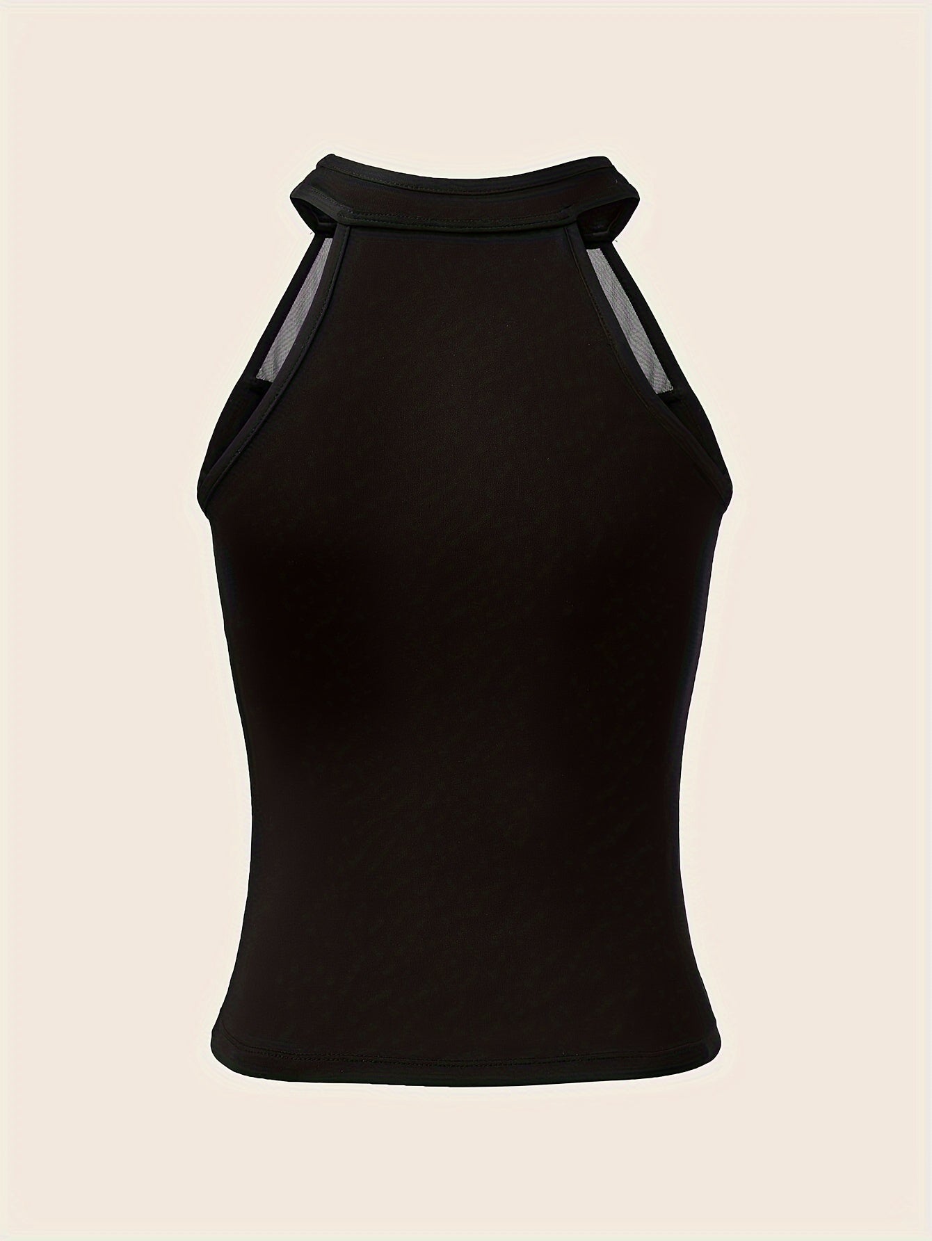 Sleek halter neck tank top, mesh panel orqa qismi va tor kesimi bilan, yozgi kiyim va ichki kiyim uchun mukammal.