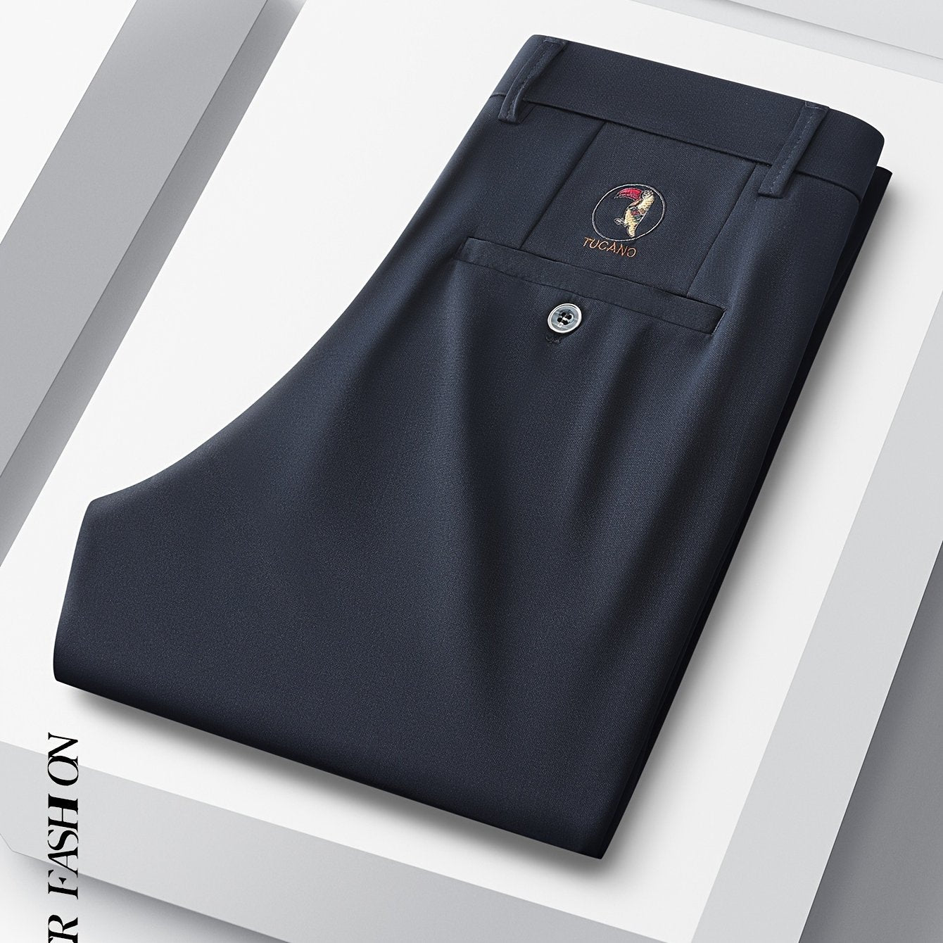 Stretchy black dress pants with bird emblem for men, slim fit, machine washable for business casual and social events.