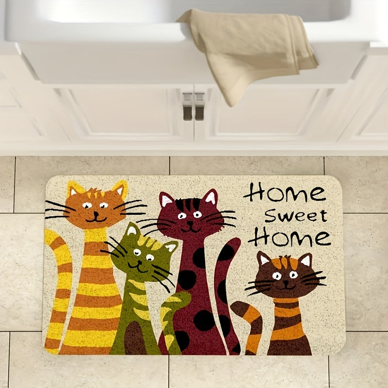 Adorable Cartoon Cats Doormat - Featuring Machine Washable Polyester Material and Non-Slip Backing - Stylish Flower Pattern Ideal for Living Room or Bedroom Décor