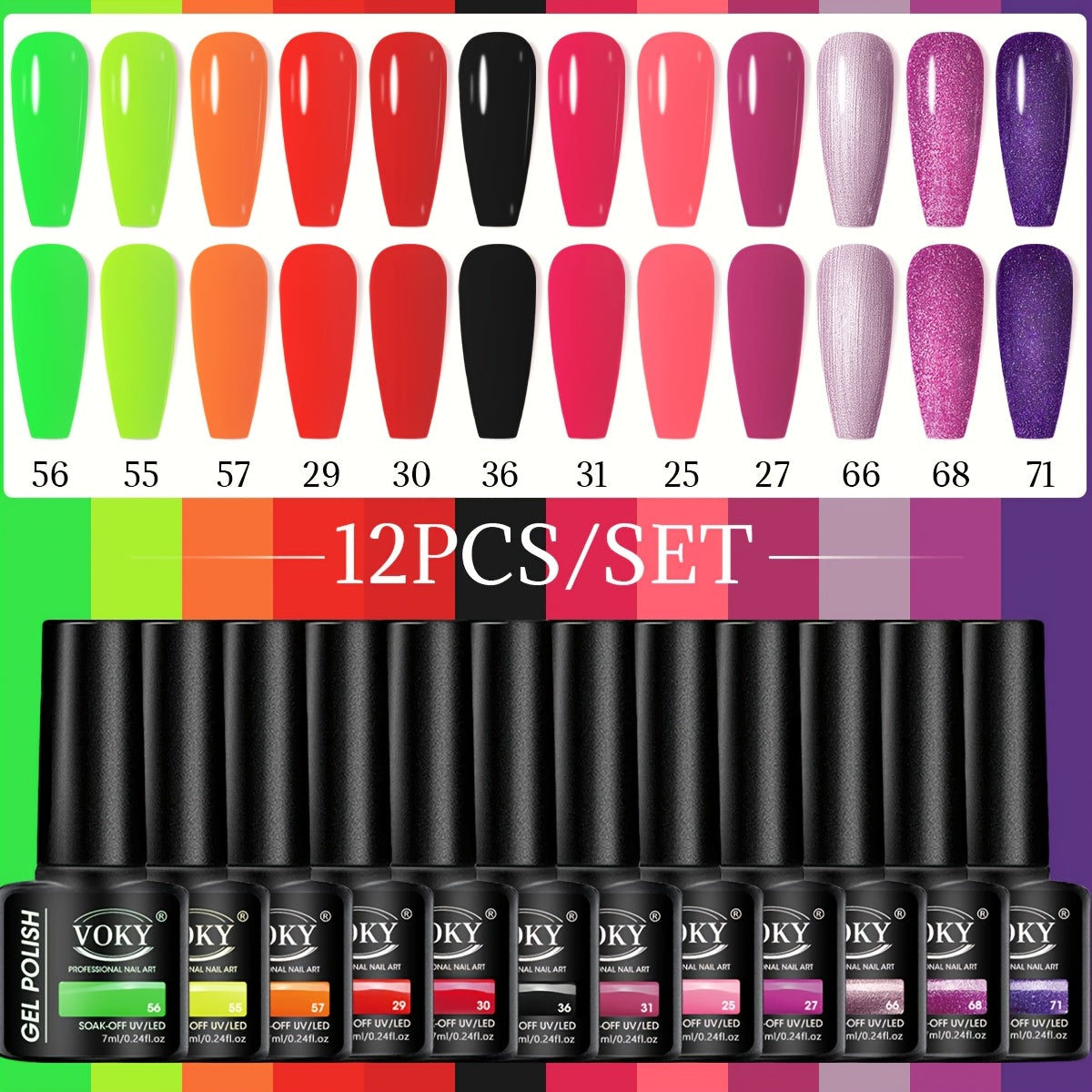 12-bottle gel polish set for fall/winter with long-lasting, semi-permanent colors and glitter. Alcohol-free formula that is low in allergy and formaldehyde-free.