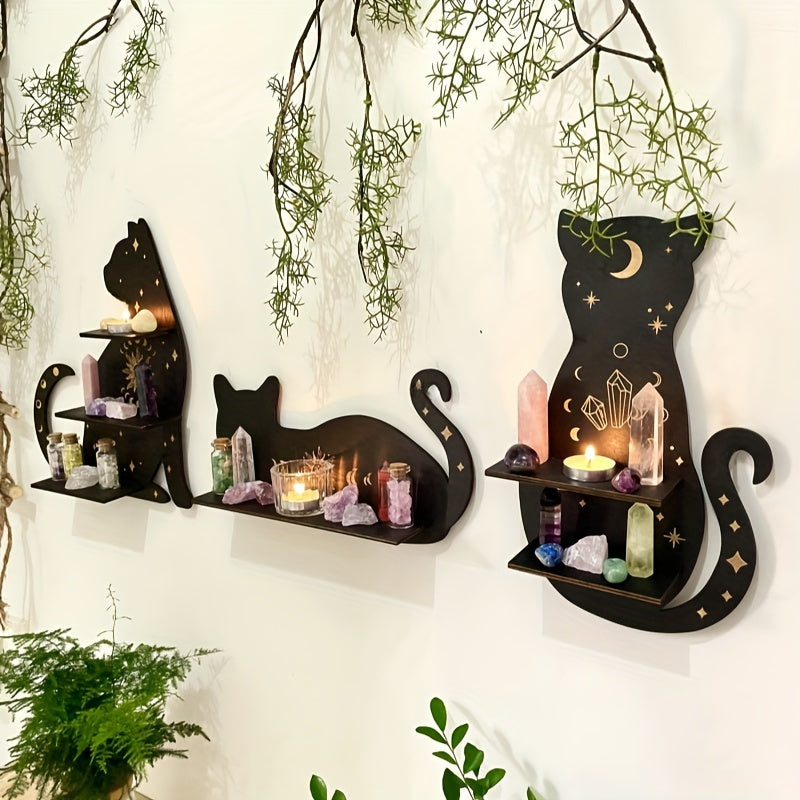 Black cat wall shelf for living room or bedroom decoration, perfect for plants, crystals, and scented candles for special occasions.