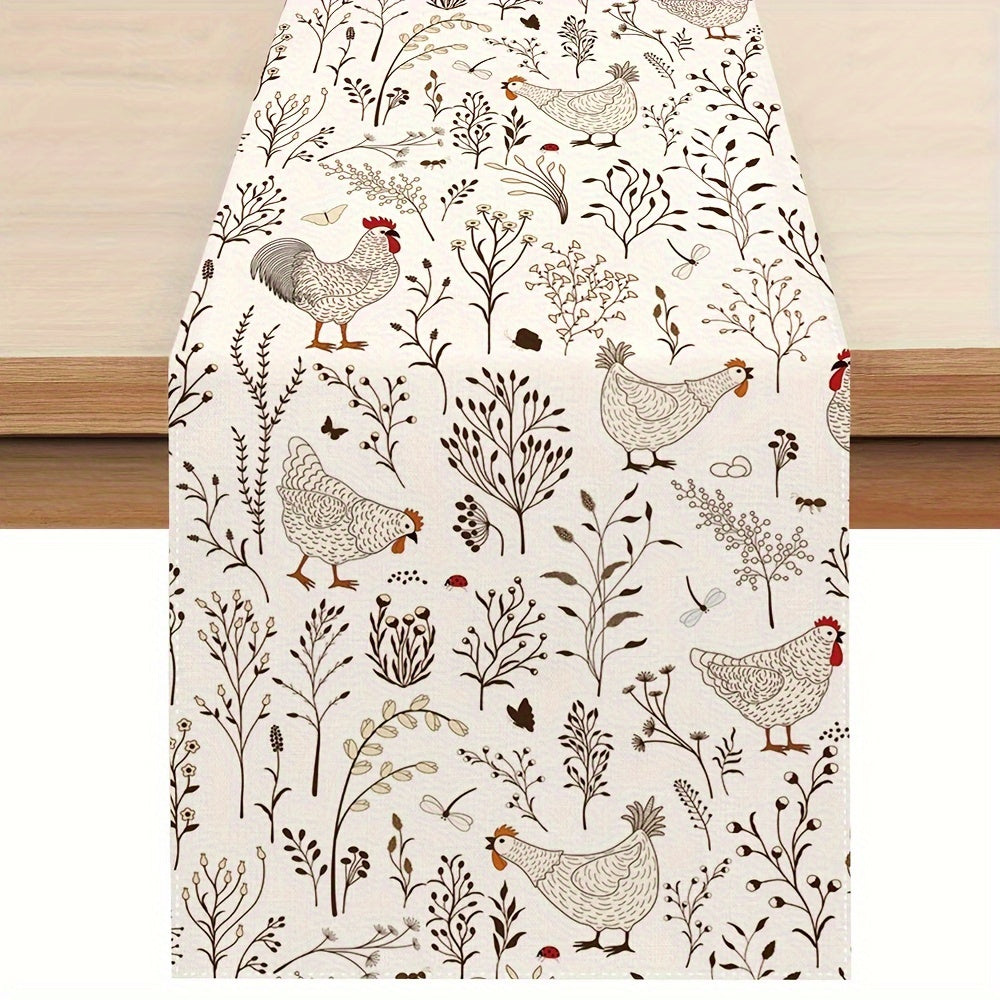 1 piece of rural farmhouse style animal rooster and hen pattern table runner, ideal for holiday or Easter decoration.