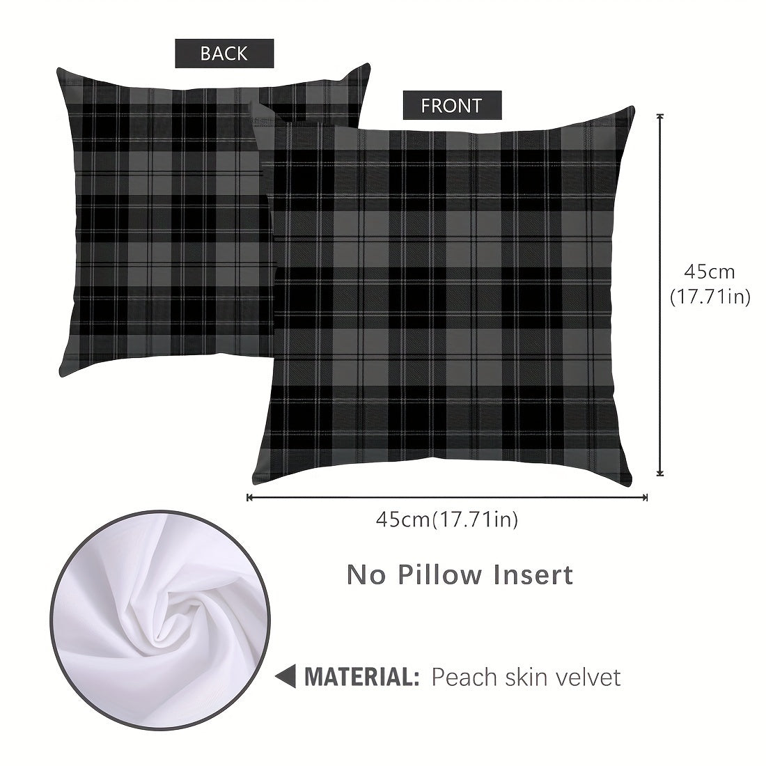 Grey and black plaid throw pillow cover made of peach skin velvet material measuring 45.72x45.72 cm. It features a dual-sided print, zip closure, and is machine washable. Perfect for adding a cute touch to your living room, bedroom, or car decor.