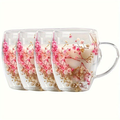 11.830z Double-walled Glass Coffee Cup with Dried Flowers, Insulation, Reusable for Espresso, Iced Coffee, Juice - Hand Wash Only - 2-4-6pcs