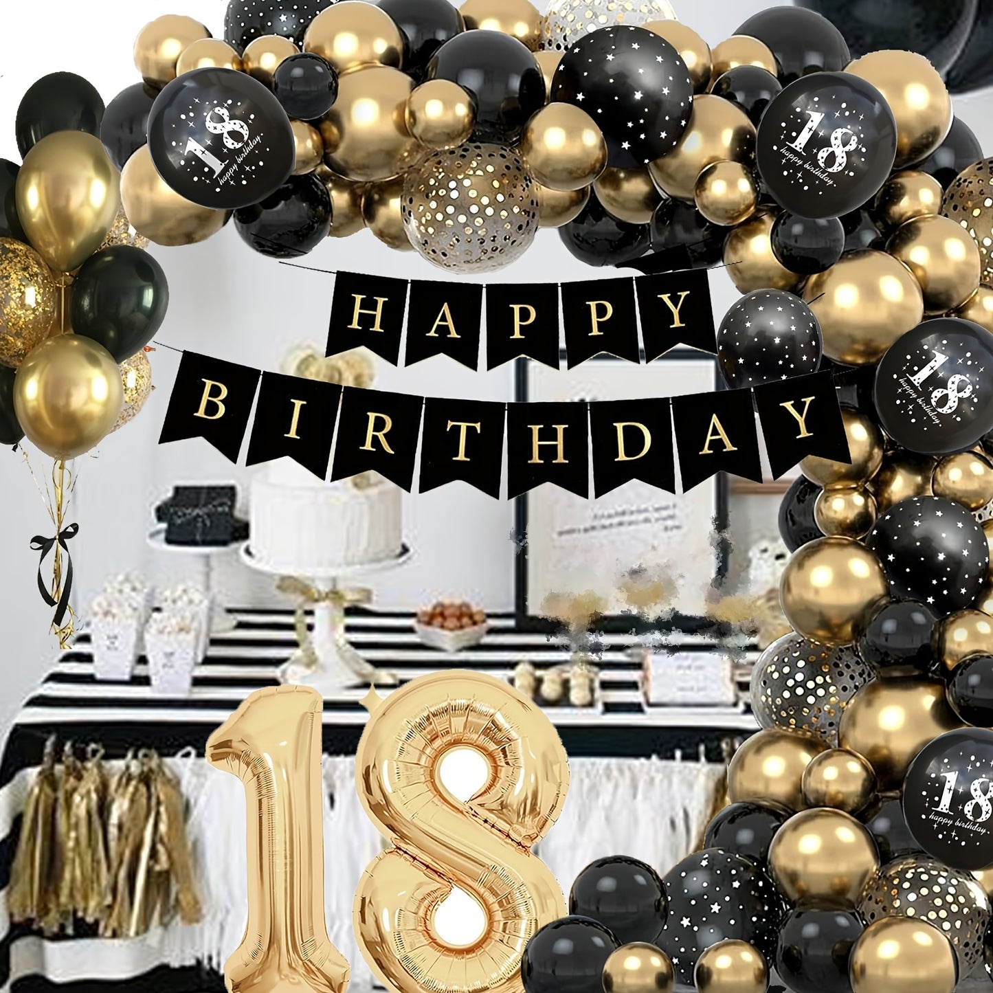 Black and gold balloon decorations for 18th birthday party with Happy Birthday banner and balloon garland.