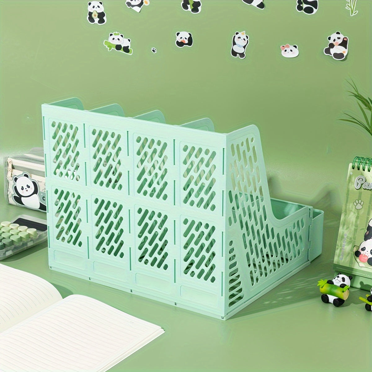 Desktop file organizer with panda theme, 4 slots and detachable tiered shelves for office storage. Made of PP material.