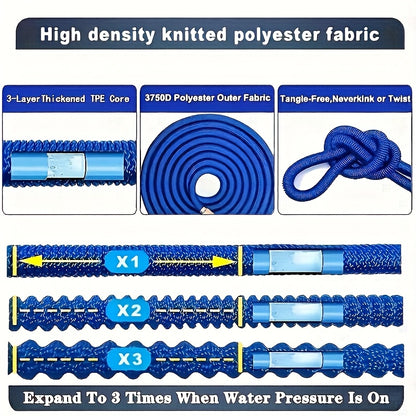 YIJU Expandable Garden Hose with High-Pressure Spray Nozzle & Multi-Thread Connectors - Available in 22.86m, 15.24m, and 7.62m Lengths, Blue Rubber Design for Cleaning, Washing, and