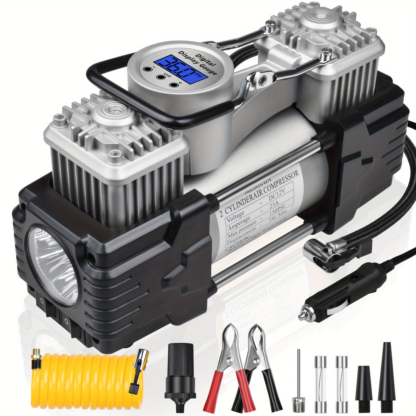 MESHUBA Twin Cylinder 12V Portable Air Compressor for Vehicle, Bicycle & More.