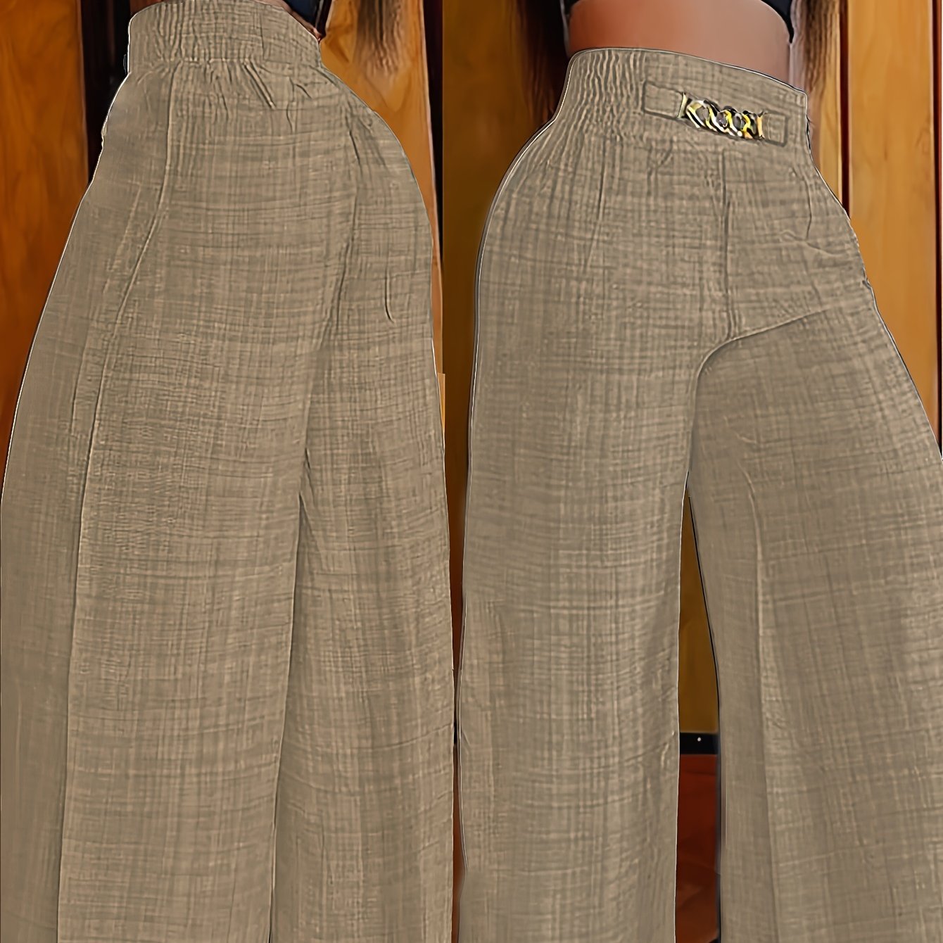 Wide-leg pants with gathered waist in a solid color polyester blend, suitable for all seasons, no stretch.