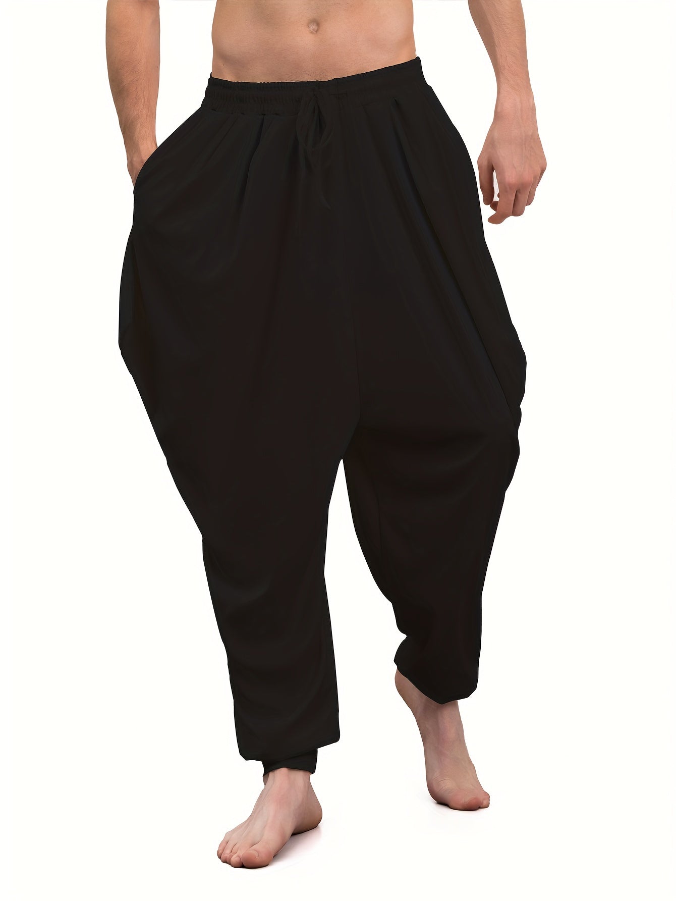 Adult harem pants in 100% polyester knit fabric, medium stretch, solid color, loose fit with drawstring, suitable for all-season weekend wear, available in plus size.