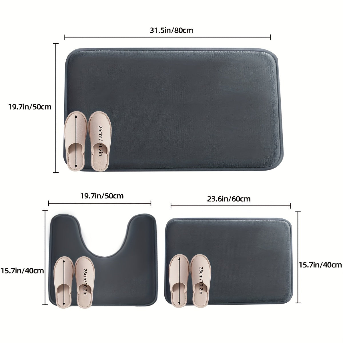 One set of three extended memory foam bath mats featuring a durable non-slip design. Set includes a U-shaped mat, toilet lid cover pad, and cozy bathroom decor for bedroom and living room. Suitable for use in spring, summer, autumn, and winter with a