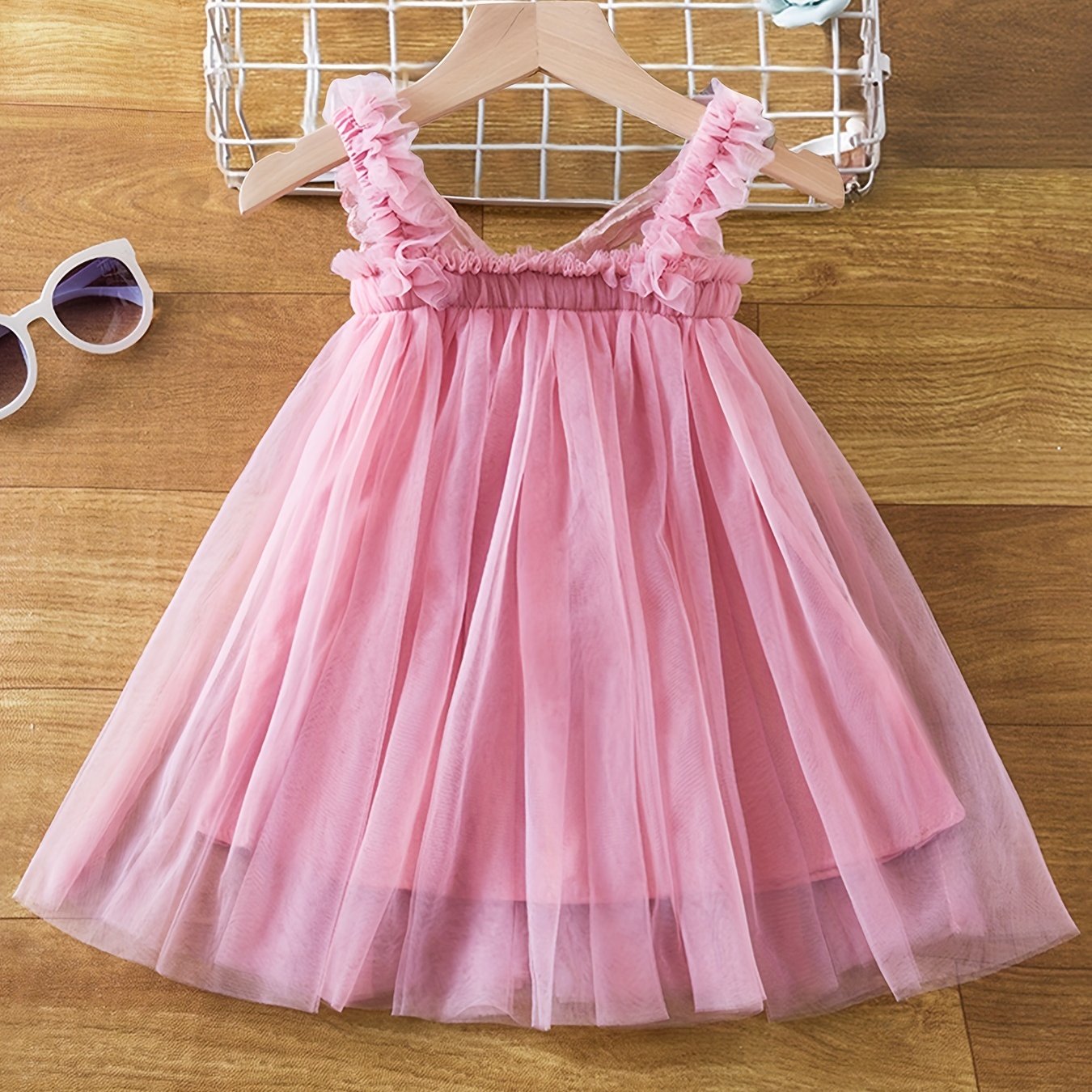 Cute girls' pink cherry embroidered summer dress with ruffled sleeves and tulle skirt - perfect for parties and beach outings. Made of lightweight polyester for a casual straight-cut fit.