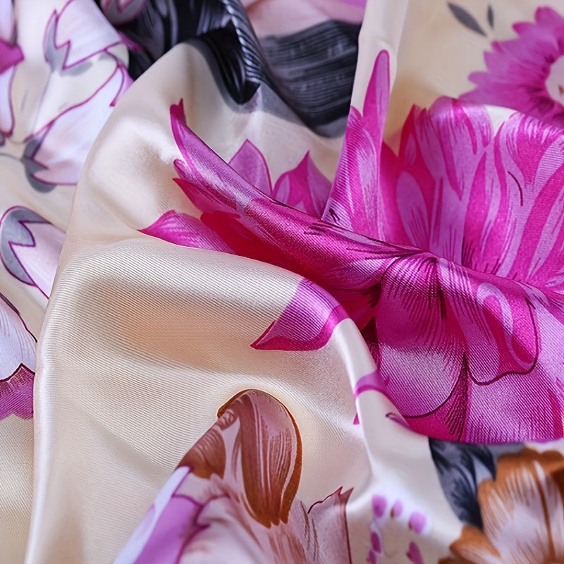 Versatile polyester floral print square scarf for women, featuring a classic style that is breathable, lightweight, and offers sun protection.