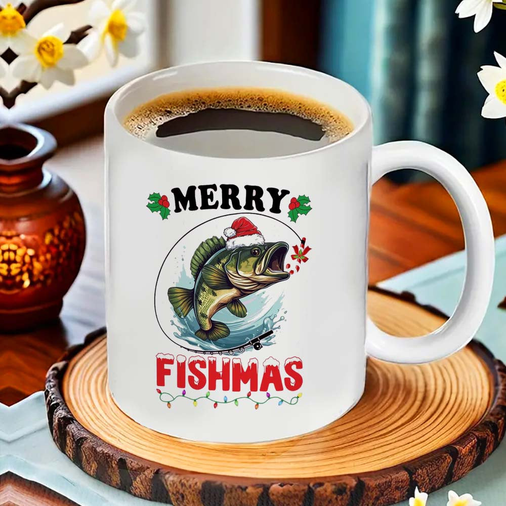 Get into the holiday spirit with the Festive Ceramic Coffee Mug featuring a Merry Fishmas Fishing Christmas Design. This mug is food contact safe and requires no electricity, making it perfect for use at the office, while camping, or during dining. It