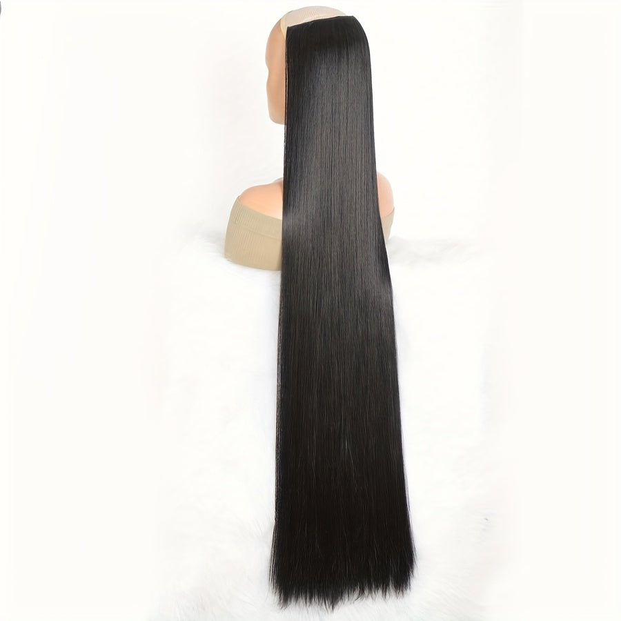 Synthetic Super Long 5 Clip In Hair Extension in Black/Brown/Blonde, extra-long straight hair, one-piece fake hairpiece for women. Available in lengths from 50cm to 100cm, ideal for daily