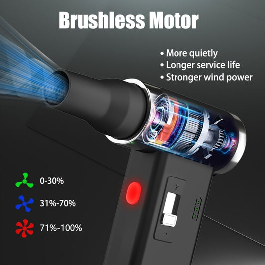 Cordless rechargeable compressed air duster with infinite speed control up to 110000 RPM for various cleaning purposes.