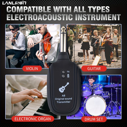 System for wirelessly transmitting audio for electric guitar, wind instruments, and electric bass pickups.