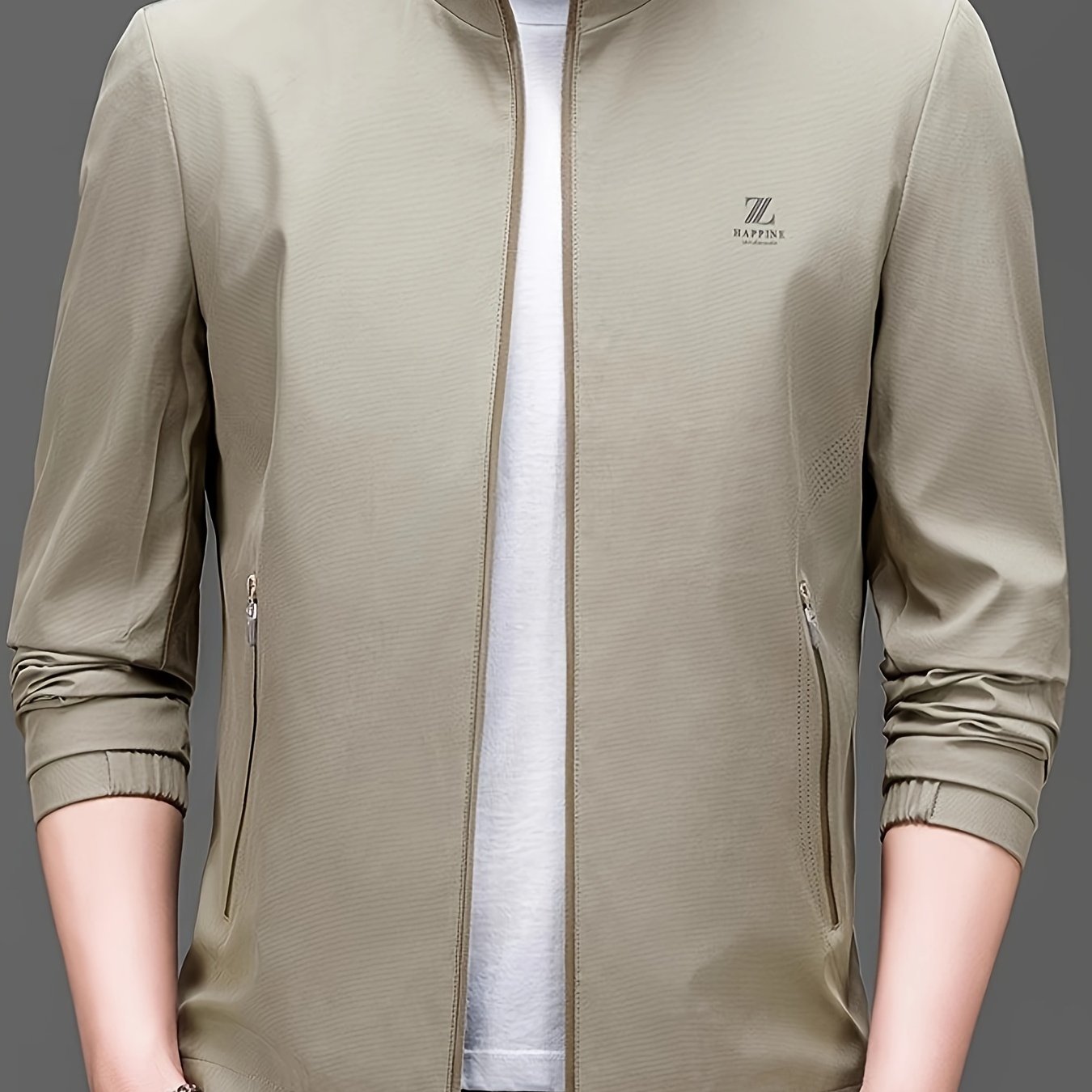 Men's casual stand collar jacket made of 100% polyester with a solid color, long sleeves, regular fit, zipper closure, and woven fabric. Suitable for spring/fall weekend casual wear.