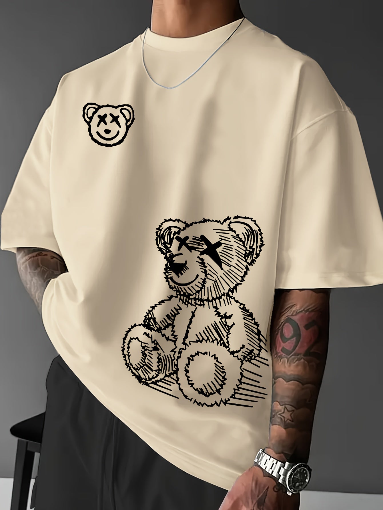 Men's Casual Bear Graphic Tee - Soft Polyester, Crew Neck, Short Sleeve, Summer Fashion