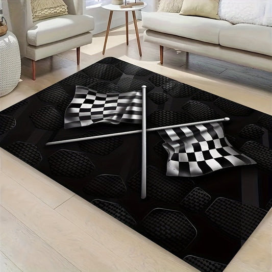 High-Quality Flannel Area Rug with Classic Black & White Checkered Flag Pattern, Easy to Clean in Washing Machine, Ideal for Adding a Stylish Touch to Any Living Room, Bedroom, or Kitchen Space