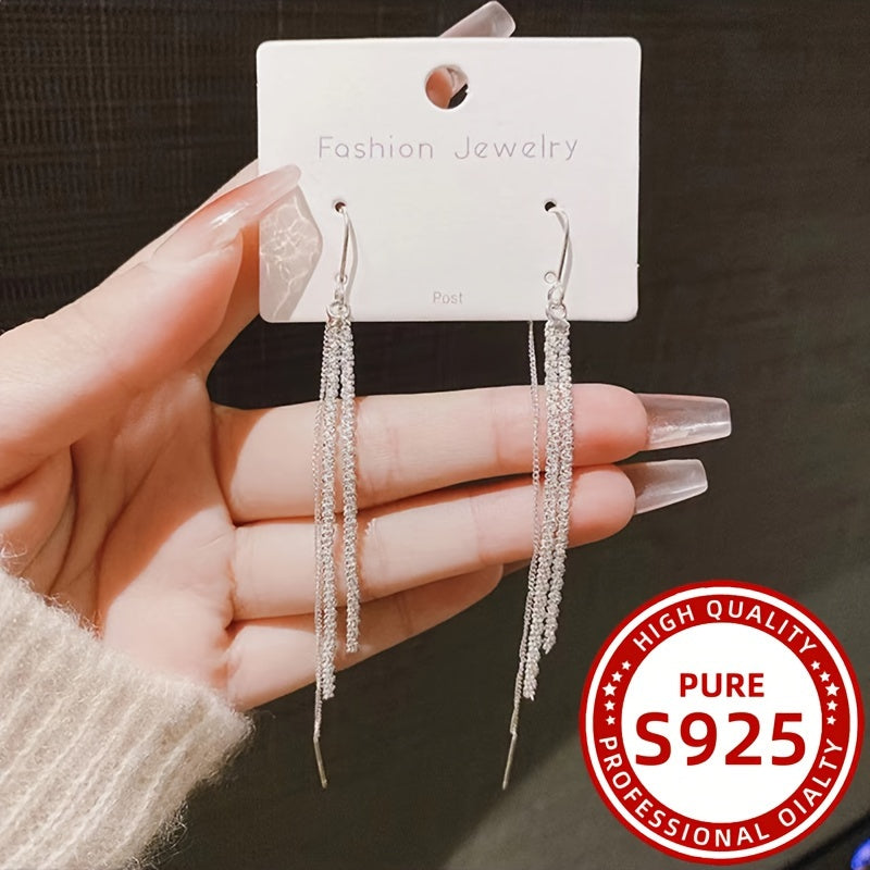 Dazzling Sterling Silver 925 Hypoallergenic Chain Design Dangle Earrings, Perfect for Wedding and Special Occasions