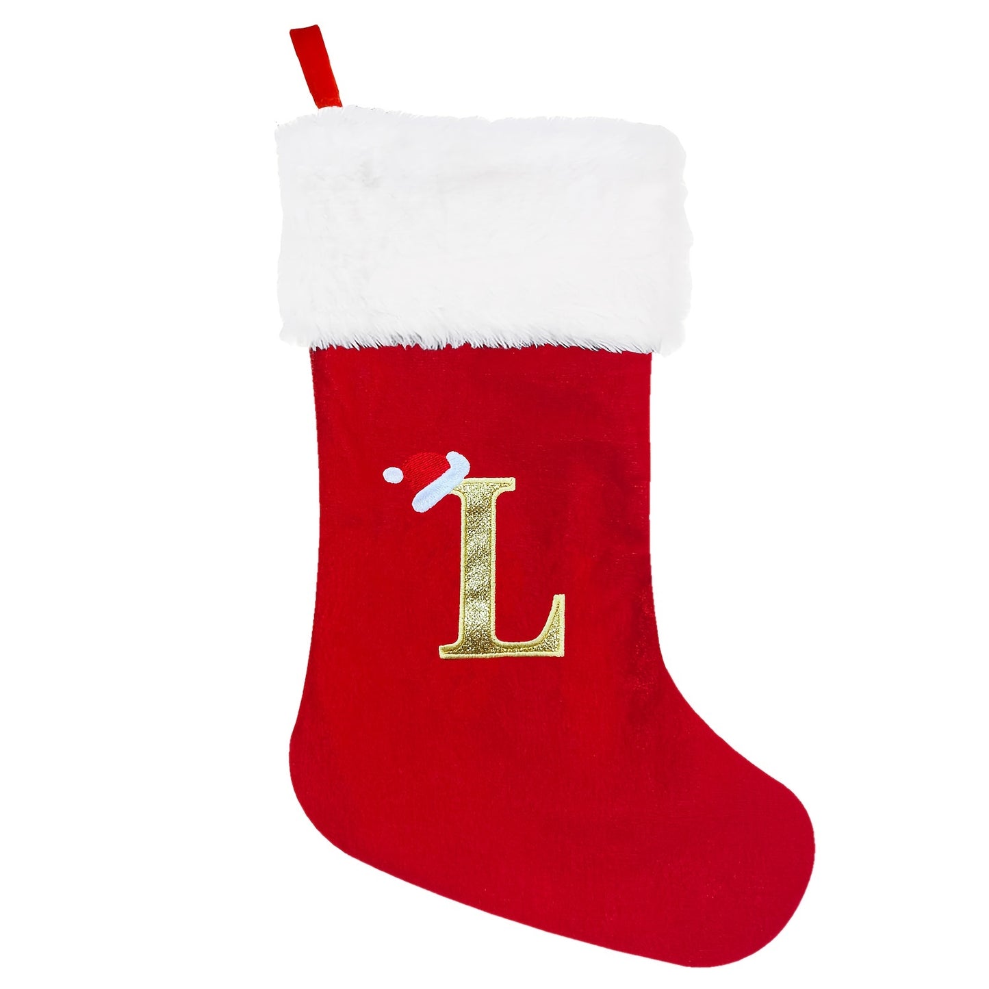 1 red velvet Christmas stocking with white plush cuffs, embroidered initial, 53.34 cm. Perfect for holiday parties and home decorations.