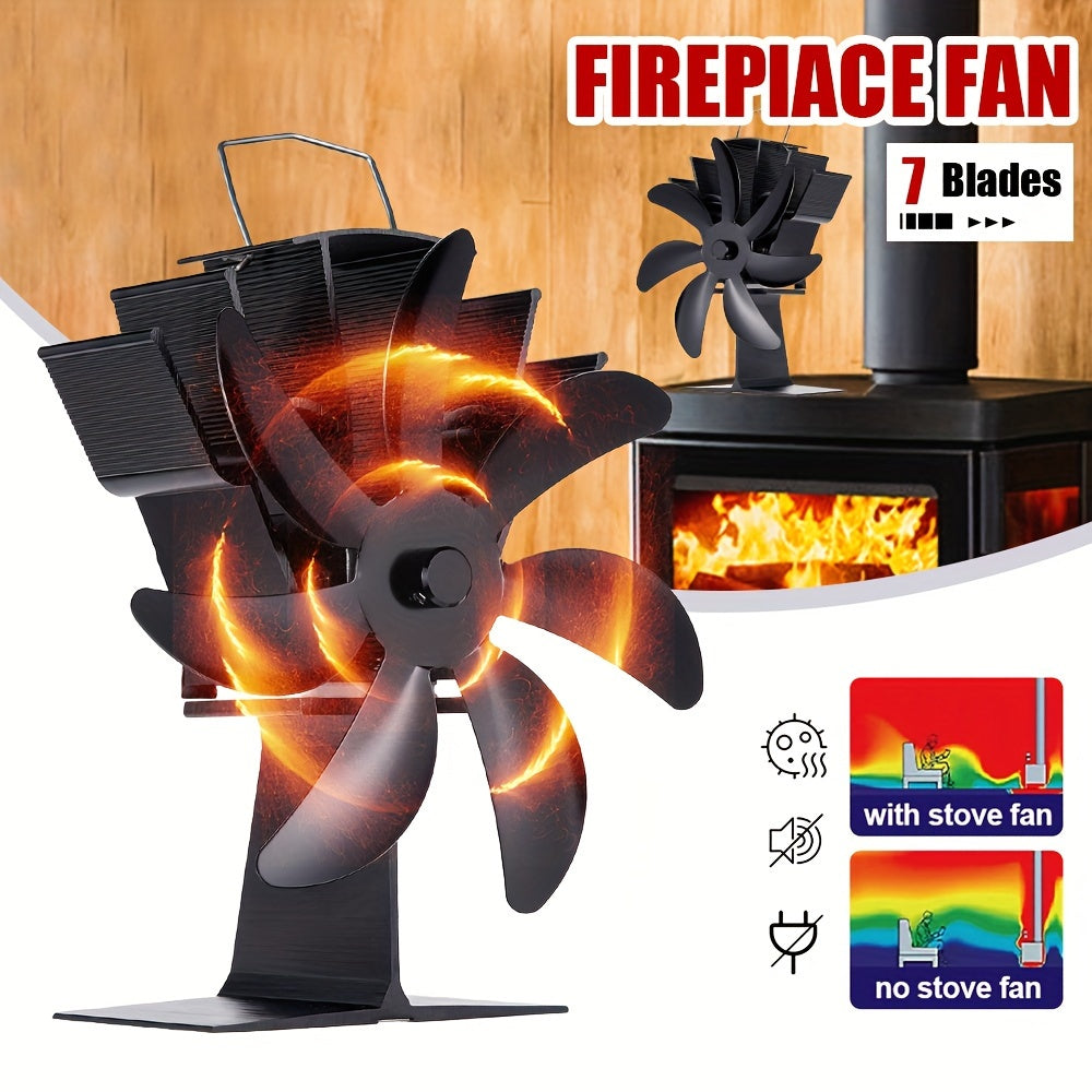 Get the new 2024 Black 7-Blade Metal Stove Fan for your home heater or outdoor camping stove. This portable exhaust air circulation fan does not require electricity and comes with multiple components for easy use.