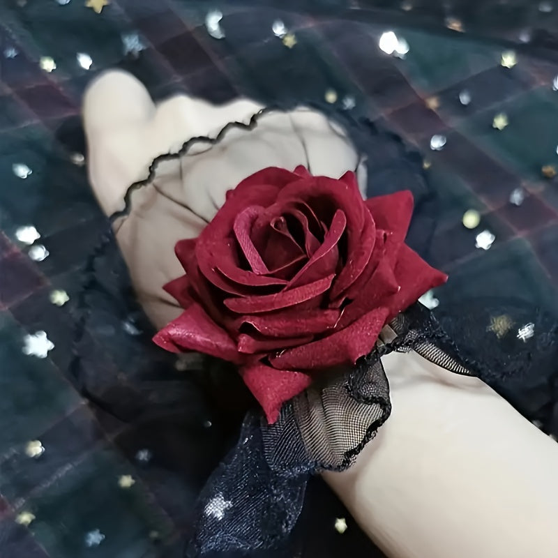 Dark Lolita lace wrist cover sleeve in wine red with rose flower design exudes sexy and elegant style.