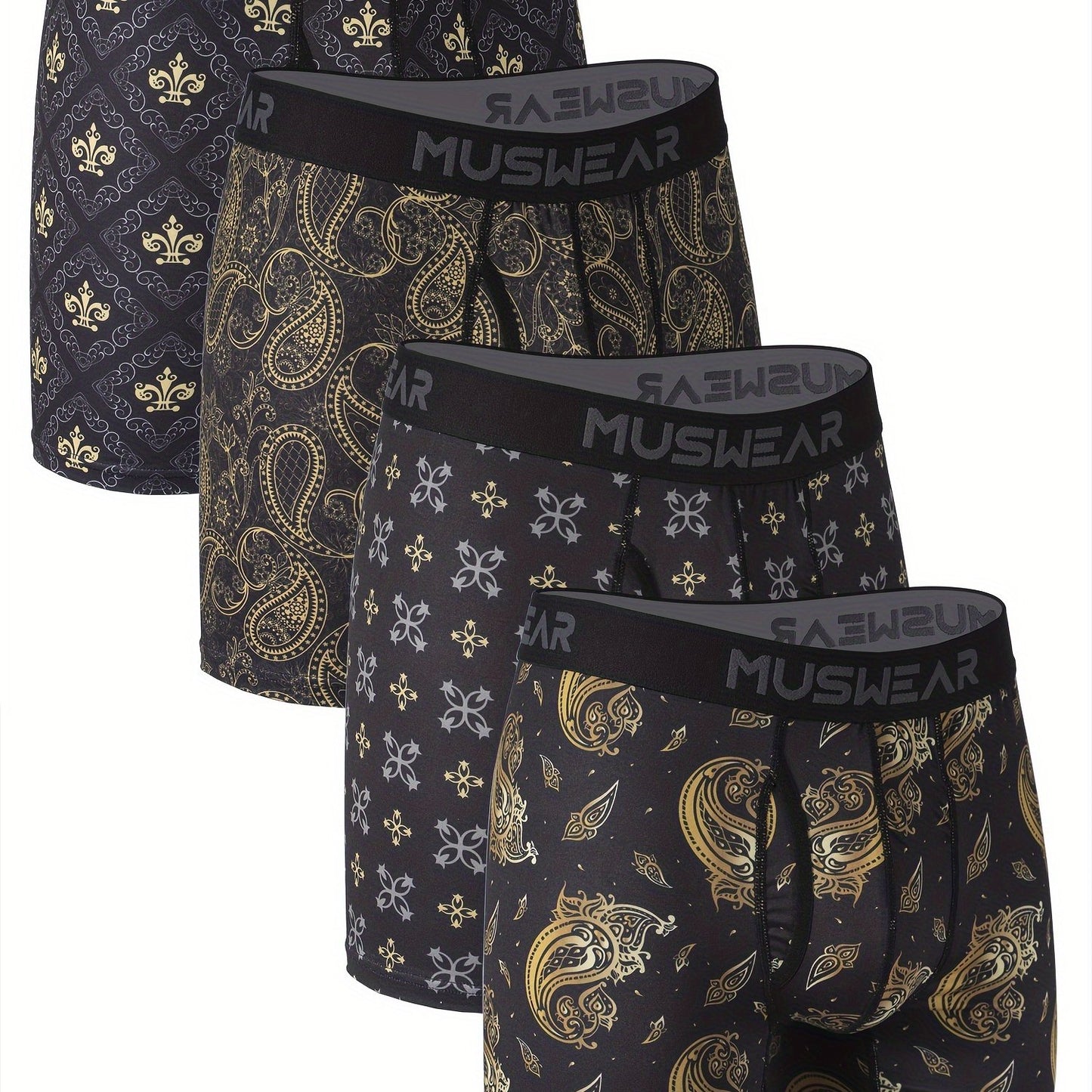 Men's Quick-Dry Boxer Briefs with Baroque Print, Side Openings, Stretchy Polyester & Spandex Blend