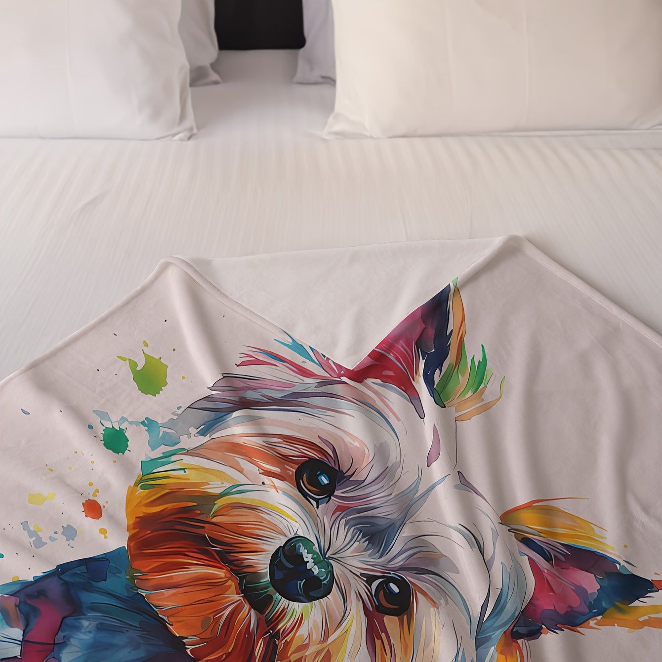 Soft coral fleece throw blanket featuring a contemporary dog print design. Made with digital print polyester and knitted craftsmanship, this blanket is perfect for adding a vibrant touch to your sofa, bed, office, camping trips, travel, or home decor.