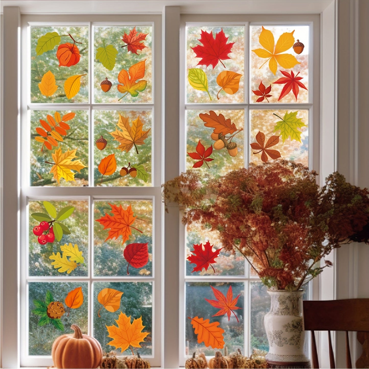 Decorate your bedroom or living room windows with a set of 6 sheets containing 64 autumn maple leaf electrostatic stickers, perfect for Thanksgiving and autumn harvest decorations.