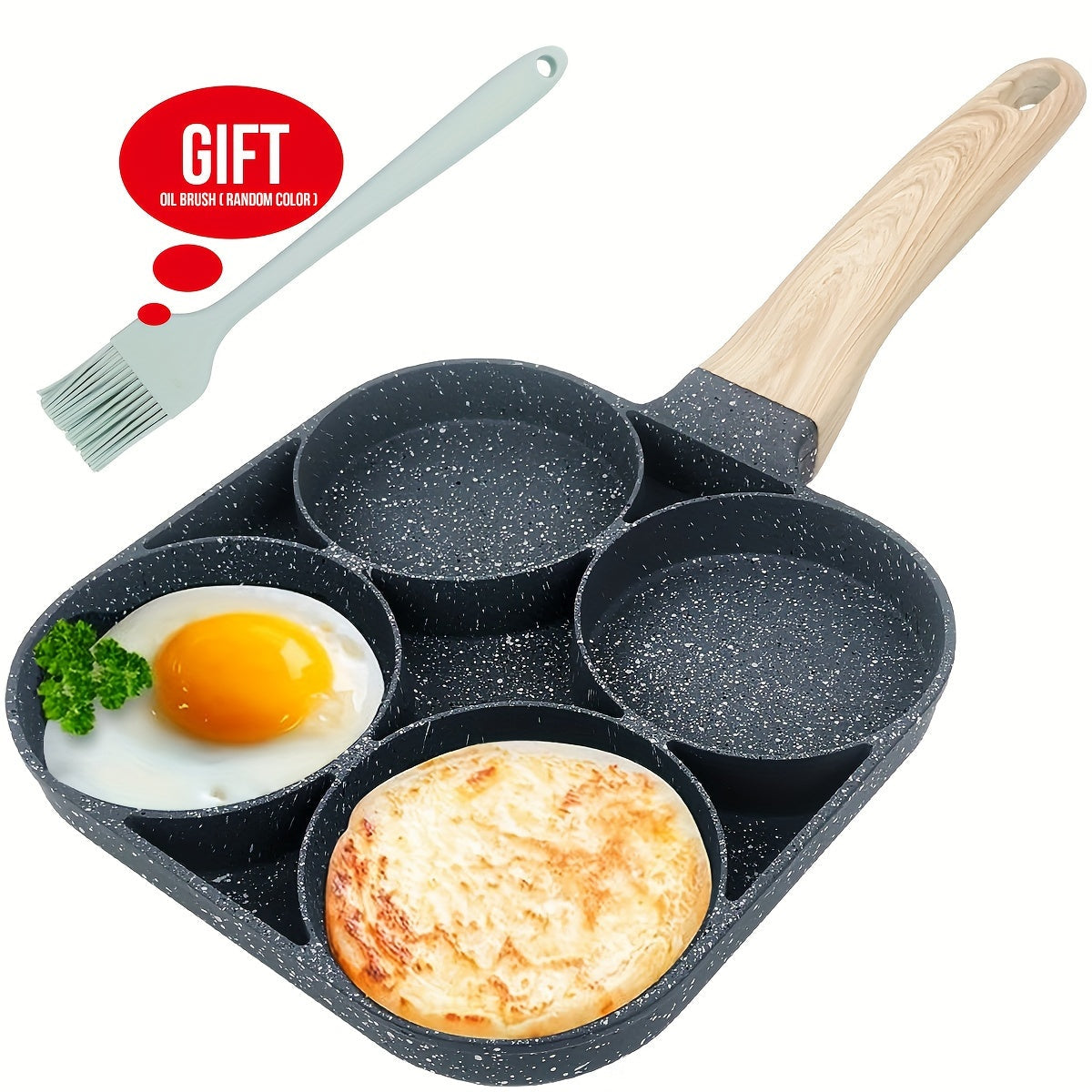 This Non-Stick Egg Pan with a Wooden Handle is perfect for cooking breakfast items like eggs and burgers. The 4-cavity skillet is compatible with gas stoves and is dishwasher safe. Made of lightweight aluminum, this pan weighs 14.2 oz.