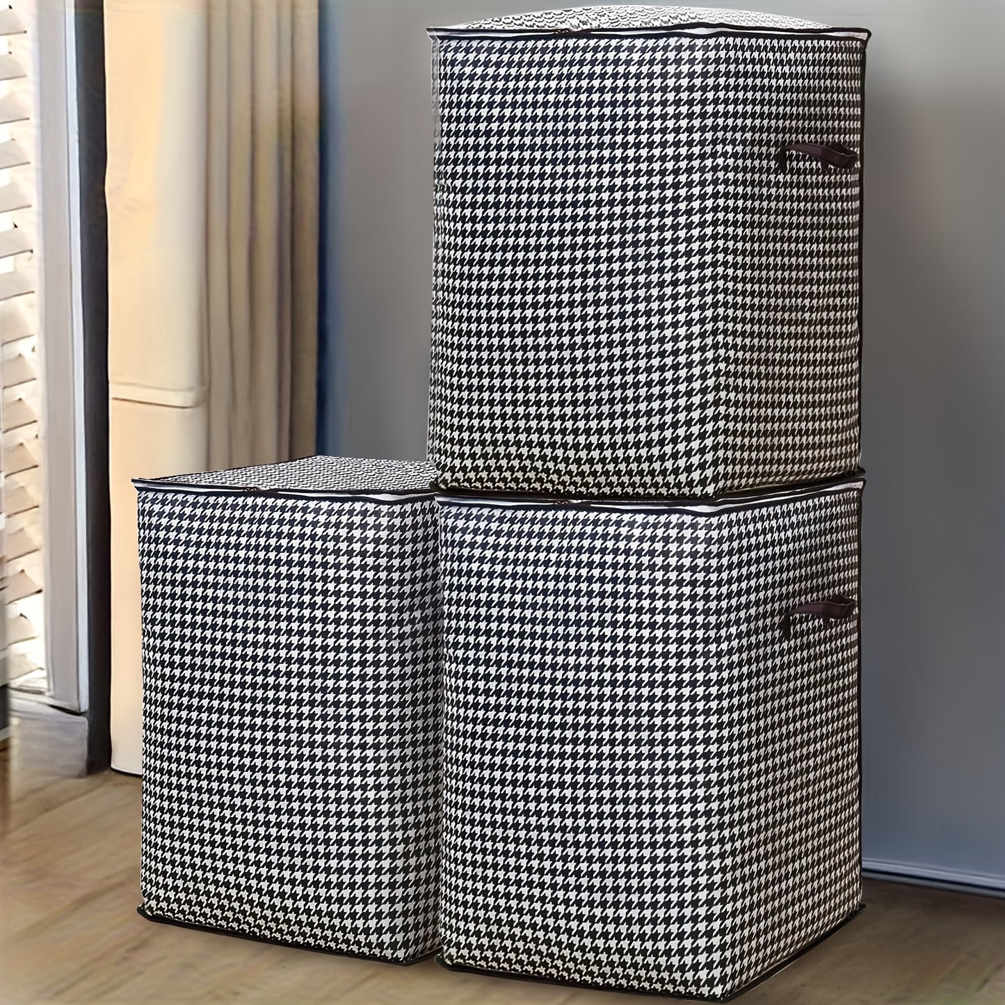 One-third pack of 180.0L extra large houndstooth storage bins made of thickened woven material. Dustproof and moisture-resistant with double zipper and handles. Unscented and no electricity or batteries required.