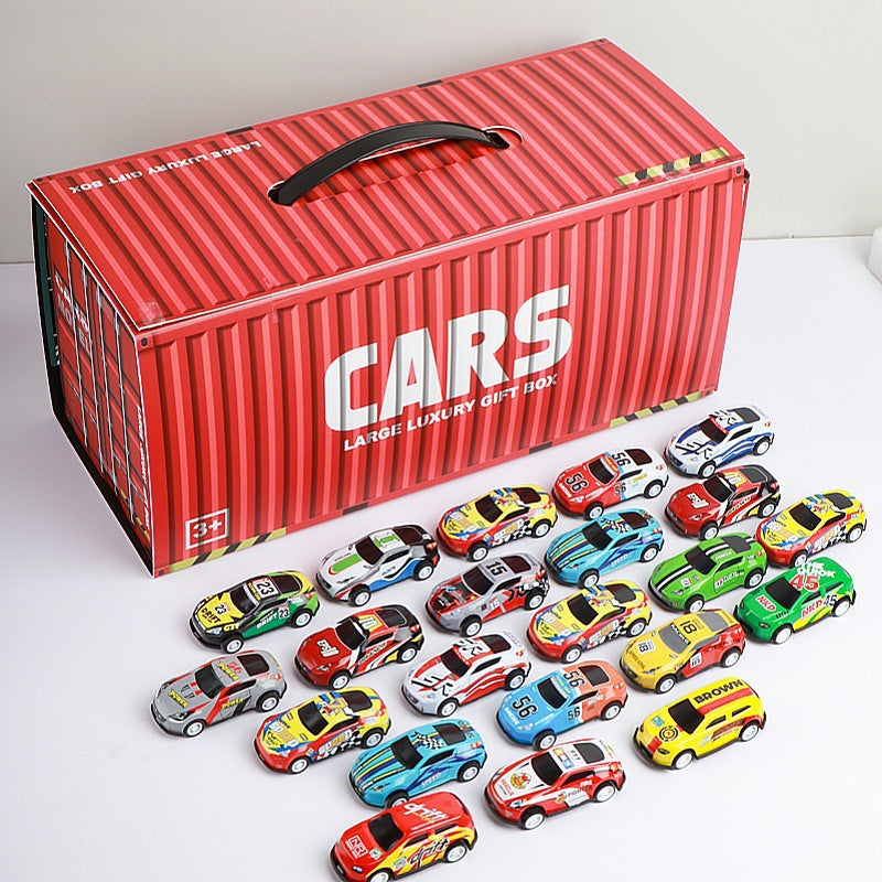 Boys' toy racing cars with pull-back mechanism, made of alloy and tin in container design.