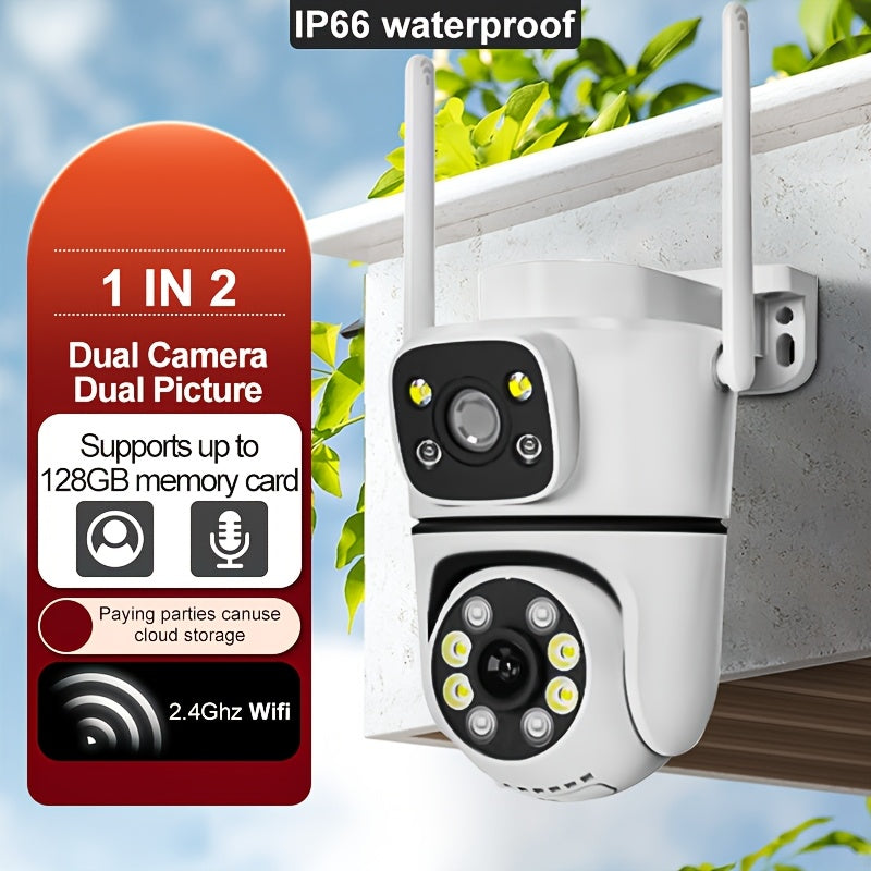 Teruhal 2K HD Wireless Outdoor Security Camera with Dual Lens, Auto Rotating PTZ, Night Vision, Motion Detection, Two-Way Audio, IP66 Waterproof, Wall Mount, App Control, USB Powered. Offers 1080p Resolution and Compatibility with Smartphones.