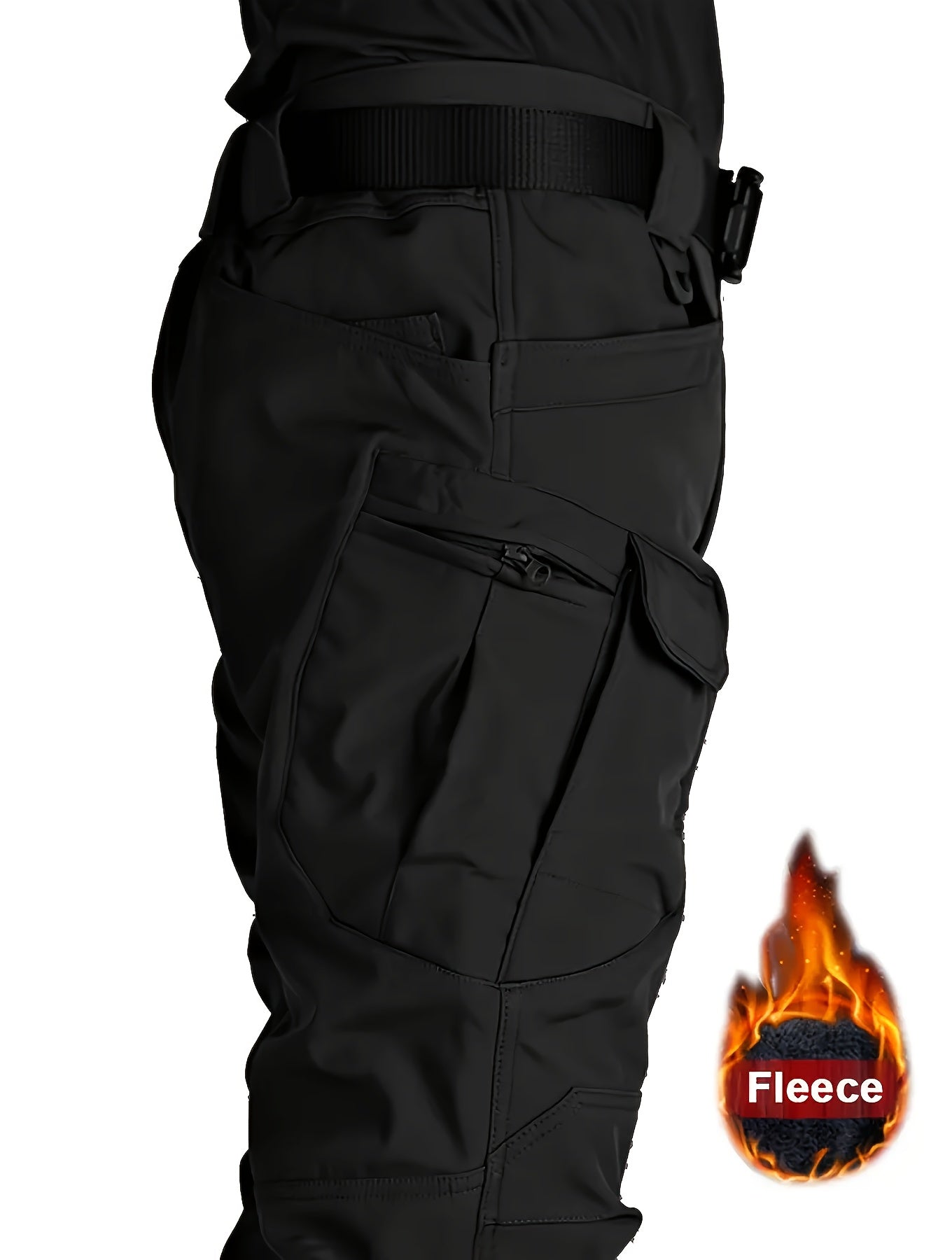 Men's fleece lined cargo pants for outdoor activities in fall/winter, with multiple pockets and windproof/waterproof features.