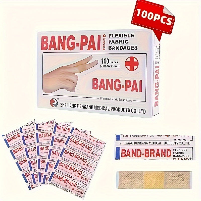 Bang-Pai Flexible Fabric Adhesive Bandages - 100pcs, Breathable, Waterproof, Essential for Home & Outdoor Use, Abrasion Protection