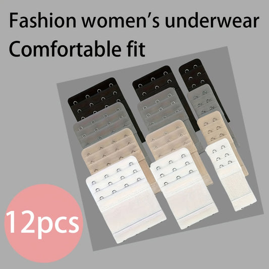 12 Comfort Stretch Bra Extenders - Adjustable 2/3/4 Hooks, Soft Polyester Knit Fabric, Solid Color, Easy-to-Use Bra Accessories