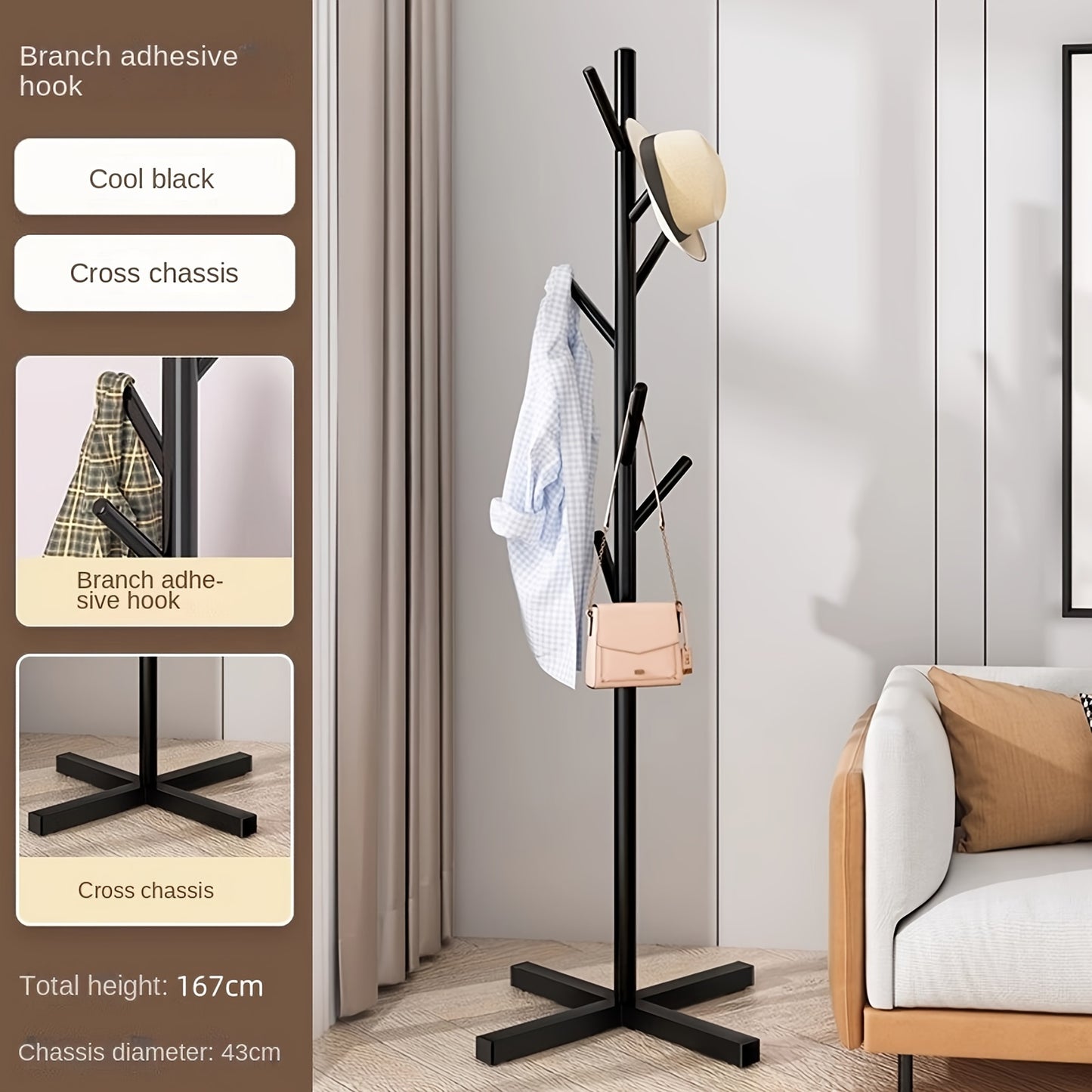 Freestanding Metal Coat Rack with Golden Finish - Branch-Style Hooks, Lightweight, No Assembly Required - Ideal for Entryway, Living Room, or Bedroom.