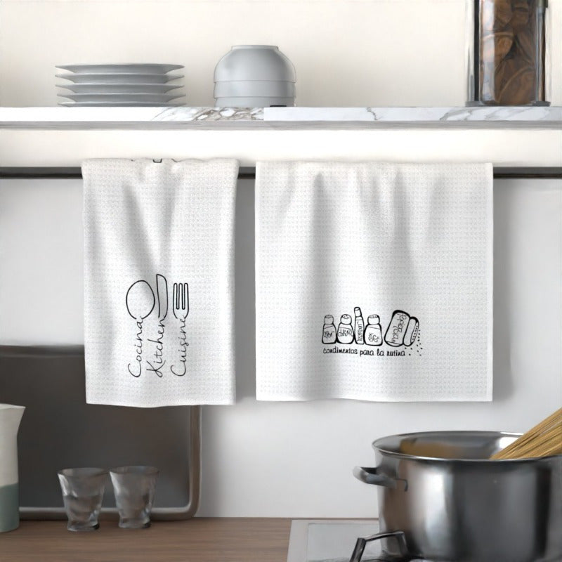 This duo of dish towels, measuring 18 by 66.04 cm, showcases witty kitchen quotes and fun illustrations. Ideal for a variety of uses such as cleaning, gym workout, or adding a stylish touch as decorative kitchen accessories. These absorbent hand towels