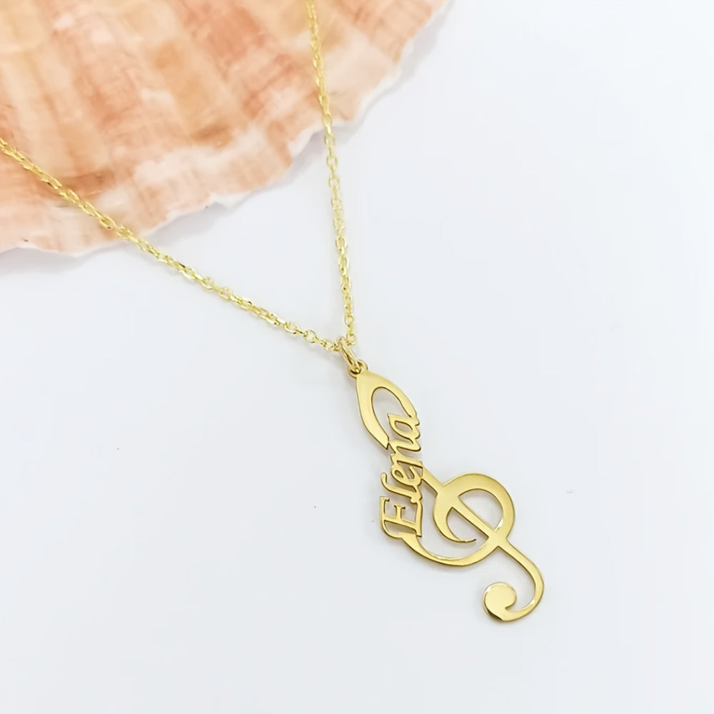 Elegant Bohemian Style Stainless Steel Music Note Necklace Personalized with Name, Perfect for Everyday Wear and Parties, Great Gift for Musicians who Love High Pitch and Custom Music Symbols.