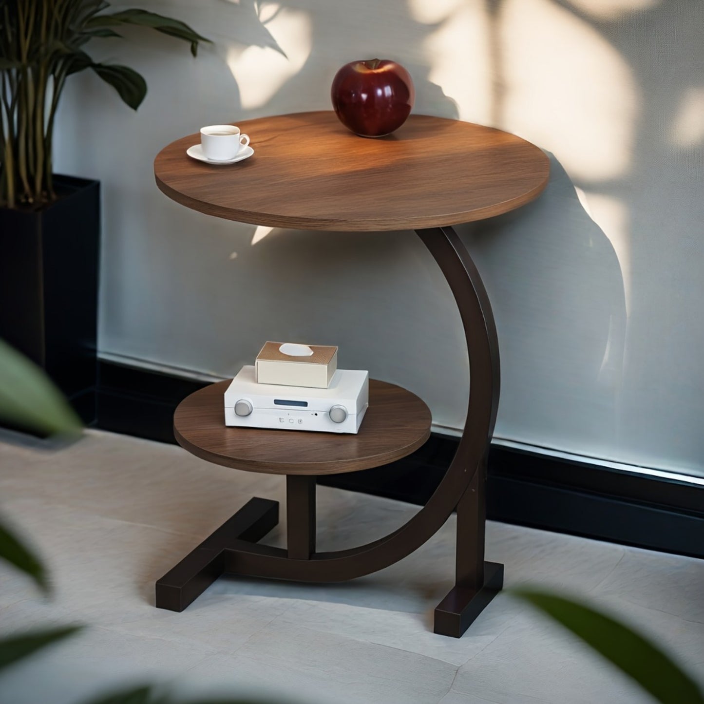 40.13cm chic circular coffee table with waterproof double-layer design, easy assembly, solid wood top, and sturdy metal base for indoor use.