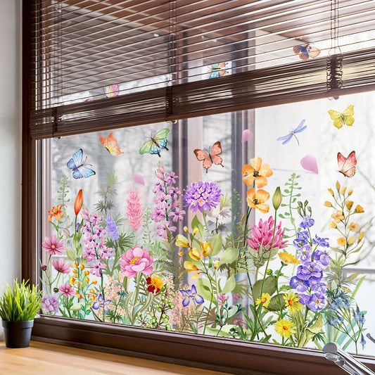 Contemporary Style PVC Window Clings 30x60cm with Colorful Butterfly and Floral Design. Static Adhesive Glass Decals for Home Decor in Living Room or Bedroom. Item DJ3061-YJ.